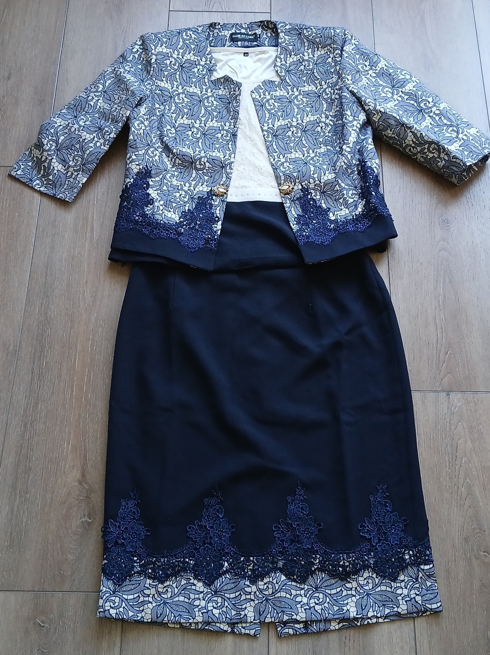 Elegant Navy Blue Lace Skirt Suit Set Size 46 Special Occasion 3-Piece Wedding